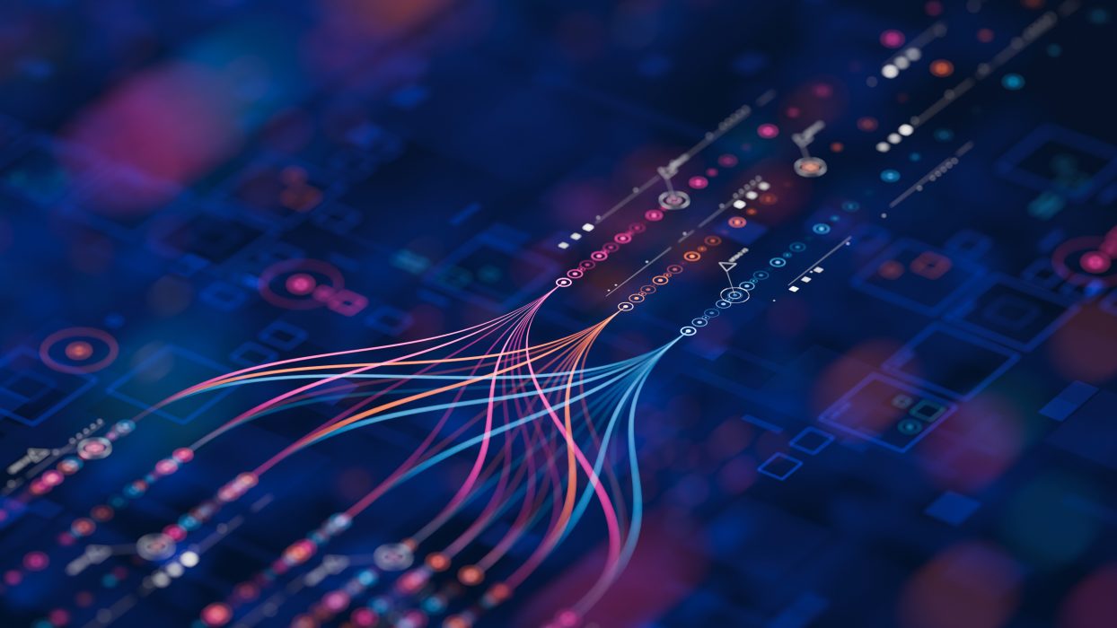 Pictorial representation of prompt injection attacks. Abstract digital art depicting colorful lines flowing across a circuit board with glowing nodes and icons, conveying a sense of connectivity and data movement.