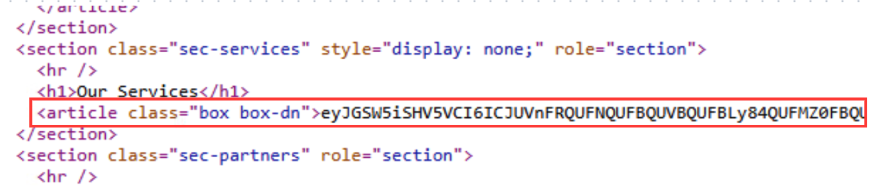 スクリーンショットには、HTMLコードの一部が表示されており、『services』セクション内で長い英数字識別子を持つ記事クラスが強調表示されている。