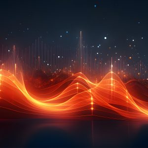 Pictorial representation of orange, wave-like lines illuminated against a navy background.