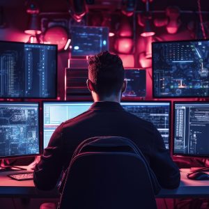 Pictorial representation of a man viewing multiple computer monitors displaying lines of code. The screens emit a blue glow against a textured pink background.
