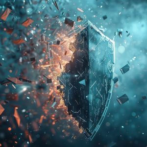 Pictorial representation of runtime assembly attacks. Digital artwork of a glowing, futuristic shield disintegrating into small particles, set against a dark blue, bokeh-effect background.
