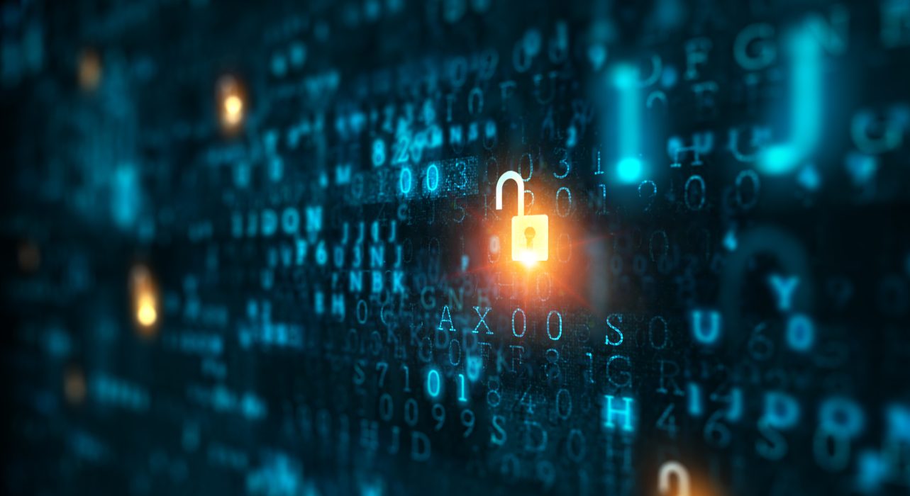 Pictorial representation of MongoBleed, CVE-2025-14847. Digital image featuring a glowing padlock icon superimposed on a background of streaming blue binary code, symbolizing cybersecurity.