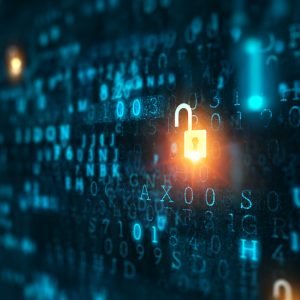 Pictorial representation of MongoBleed, CVE-2025-14847. Digital image featuring a glowing padlock icon superimposed on a background of streaming blue binary code, symbolizing cybersecurity.