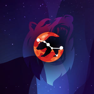 Pictorial representation of threat groups from Russia. The silhouette of a bear and the Ursa constellation inside an orange abstract planet. Abstract, stylized cosmic setting with vibrant blue and purple shapes, representing space and distant planetary bodies.