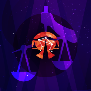 Pictorial representation of Muddled Libra, aka Scattered Spider. A vibrant illustration of the Libra zodiac sign, featuring a stylized balance scale overlaid with a prominent Libra symbol. The background is a starry night sky with shades of purple and blue, suggesting a cosmic theme.