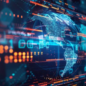 Pictorial representation of the shadow campaigns. Digital graphic showing a networked globe with various data points and connectivity lines, symbolizing global digital communication and information technology.