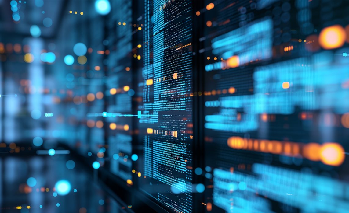 Pictorial representation of multiple screens of code illuminated by blue and orange bokeh lights.