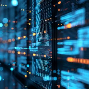 Pictorial representation of multiple screens of code illuminated by blue and orange bokeh lights.