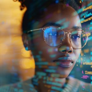 Close-up of a black woman with glasses examining colorful computer code on a screen. The scene is illuminated by various lights, creating a focused and analytical atmosphere.