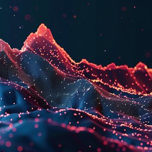 Pictorial representation of BeyondTrust vulnerability CVE-2026-1731. Digital art depicting a stylized mountain range with vibrant blue and red hues. The peaks are accentuated by glowing particles and an abstract, starry backdrop, creating a futuristic landscape.