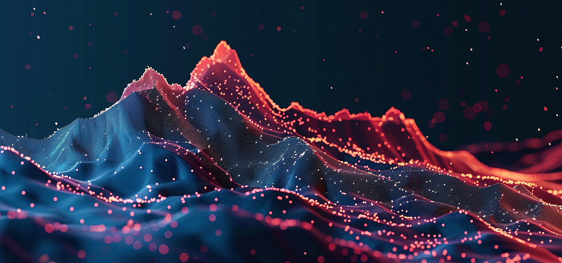 Pictorial representation of BeyondTrust vulnerability CVE-2026-1731. Digital art depicting a stylized mountain range with vibrant blue and red hues. The peaks are accentuated by glowing particles and an abstract, starry backdrop, creating a futuristic landscape.