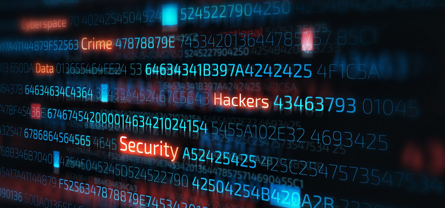 Pictorial representation of TeamPCP. Glowing code on a screen where several word such as Crime, Hackers, and Security are highlighted in a contrasting color.