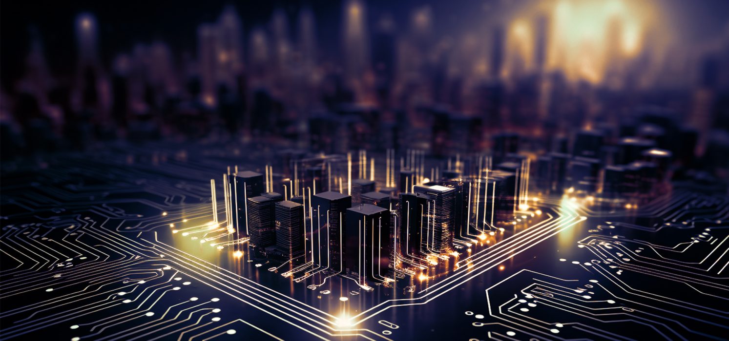 Pictorial representation of Iran cyber attack history. A digitally rendered cityscape resembling a circuit board, with glowing lines and skyscraper-like structures representing electronic components. The background features a blurred city skyline, illuminated by a warm light.