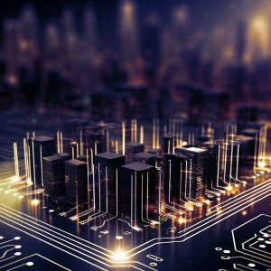 Pictorial representation of Iran cyber attack history. A digitally rendered cityscape resembling a circuit board, with glowing lines and skyscraper-like structures representing electronic components. The background features a blurred city skyline, illuminated by a warm light.