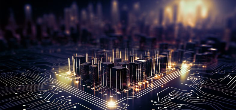 Pictorial representation of Iran cyber attack history. A digitally rendered cityscape resembling a circuit board, with glowing lines and skyscraper-like structures representing electronic components. The background features a blurred city skyline, illuminated by a warm light.