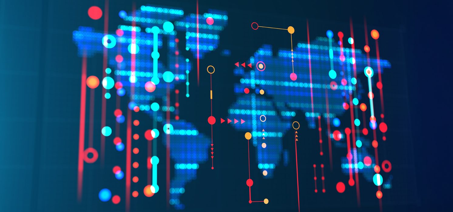 Pictorial representation of cyberespionage campaigns. Digital world map with abstract lines and circles in various colors overlaying it, suggesting data flow and connections. The map appears in shades of blue against a darker background.
