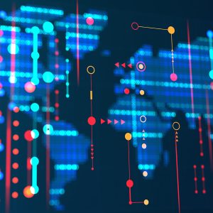 Pictorial representation of cyberespionage campaigns. Digital world map with abstract lines and circles in various colors overlaying it, suggesting data flow and connections. The map appears in shades of blue against a darker background.