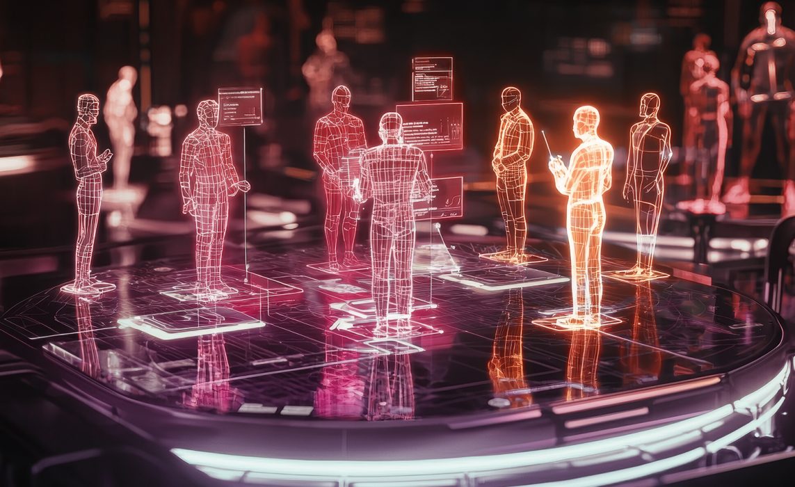 Pictorial representation of a command center featuring glowing wireframe figures standing on a reflective circular pattern.