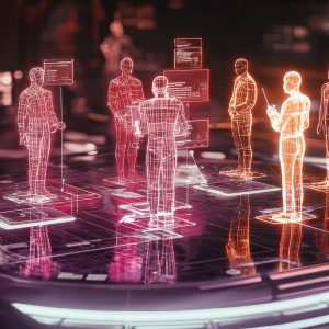 Pictorial representation of a command center featuring glowing wireframe figures standing on a reflective circular pattern.