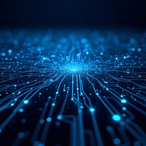 Pictorial representation of Iran wiper attacks. A vibrant digital landscape featuring a glowing network of blue circuit lines and nodes extending outward from a central illuminated point on a dark background, reminiscent of a futuristic or cybernetic interface.