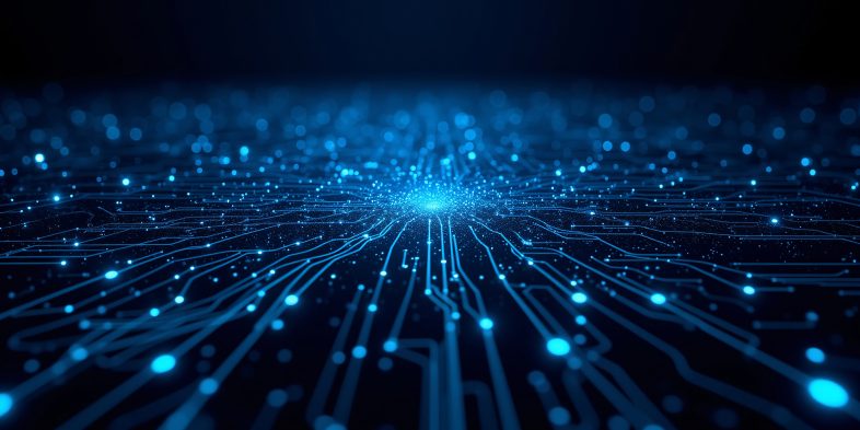 Pictorial representation of Iran wiper attacks. A vibrant digital landscape featuring a glowing network of blue circuit lines and nodes extending outward from a central illuminated point on a dark background, reminiscent of a futuristic or cybernetic interface.