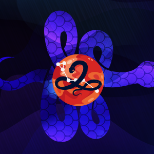 Pictorial representation of the APT Boggy Serpens. An illustrated blue snake is highlighted by a red circle against a night sky. The constellation serpens.