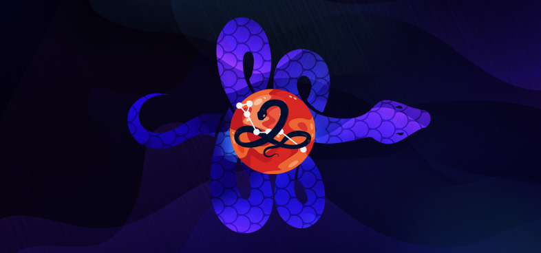 Pictorial representation of the APT Boggy Serpens. An illustrated blue snake is highlighted by a red circle against a night sky. The constellation serpens.