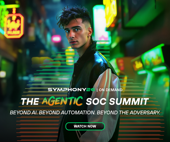 Image of man in a cyberpunk-styled world. Symphony26 on demand. The Agentic SOC Summit. Watch now.