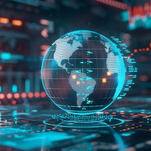 Pictorial representation of a holographic blue globe surrounded by glowing red and blue lights.