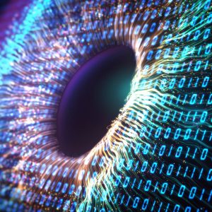 Pictorial representation of the supply chain attack compromising Axios. A giant eye made of glowing binary code.