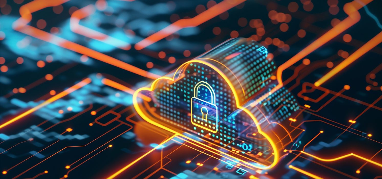 Pictorial representation of the AWS AgentCore Sandbox. Digital illustration of a 3D cloud made up of glowing lights and dots with a padlock on its front. It floats above a glowing network of dots and lines.