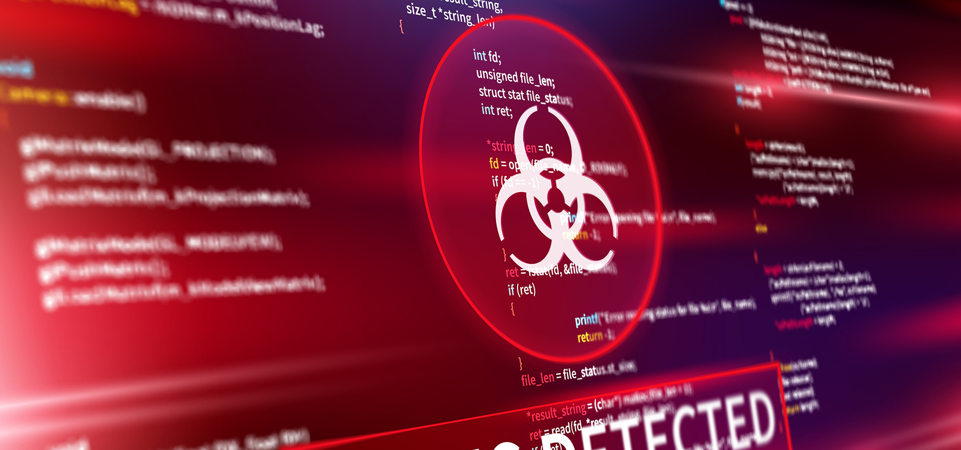 Pictorial representation of the npm packages supply chain attack. Screen displaying code with a prominent alert symbol and the words 'VIRUS DETECTED' highlighted in red.