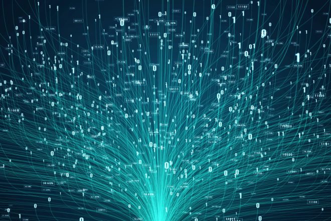 Pictorial representation of Amazon Bedrock's multi-agent applications. A digital illustration depicting complex data flow and connectivity. Numerous lines and nodes extend outward from a central point, resembling a neural network or digital web, against a dark background.