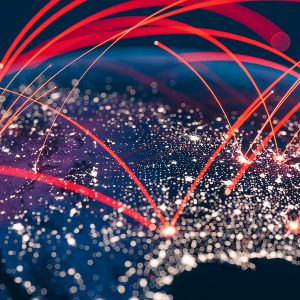 Pictorial representation of CVE-2026-30300. Digital illustration of a map of North America with interconnected glowing lines and dots symbolizing network connections across the continent.