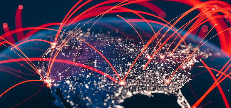 Pictorial representation of CVE-2026-30300. Digital illustration of a map of North America with interconnected glowing lines and dots symbolizing network connections across the continent.