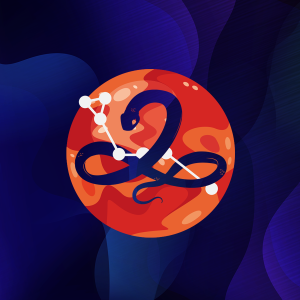 Pictorial representation of Screening Serpens. An illustrated blue snake is highlighted by a red circle against a night sky. The constellation serpens.