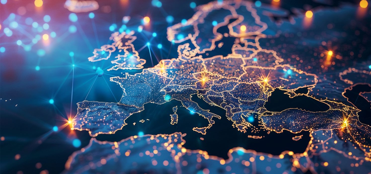 Pictorial representation of bucket hijacking technique for cloud data exfiltration. Digital illustration of Europe map highlighting network connections and nodes, depicted as glowing points and lines on a dark blue background, emphasizing major cities and connectivity across the continent.