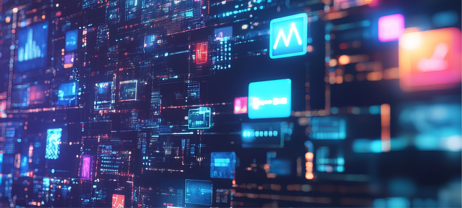Pictorial representation of Vertex AI model uploads. Close-up view of a digital wall displaying various glowing icons, representing a high-tech network interface.