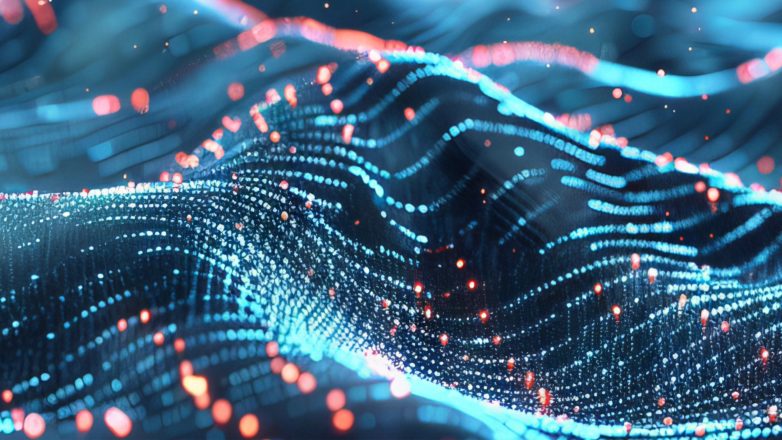 Pictorial representation of Phantom Squatting. A dynamic wave pattern composed of blue and red particles on a dark background, symbolizing data flow or connectivity.