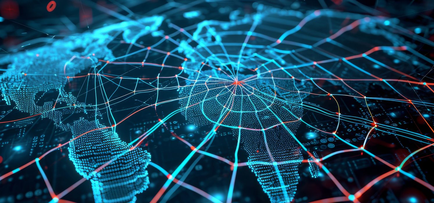 Pictorial representation of three zero-day vulnerabilities in Siemens ROX II OT switches. Digital illustration of a global network featuring interconnected lines and nodes over a map of the world, highlighted with neon lights and digital elements.