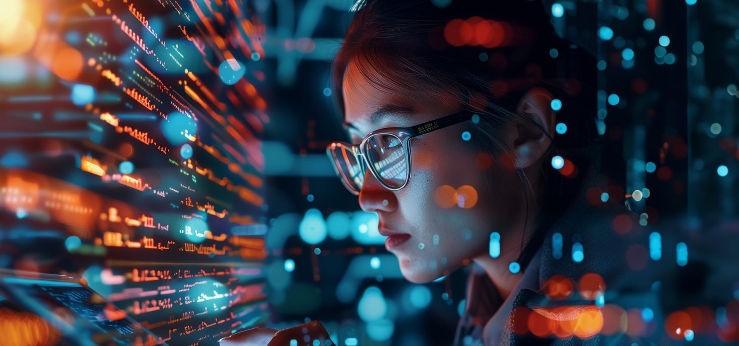 Pictorial representation of passwordless authentication. East Asian woman examining data on multiple screens in a high-tech environment, surrounded by digital graphics and code.