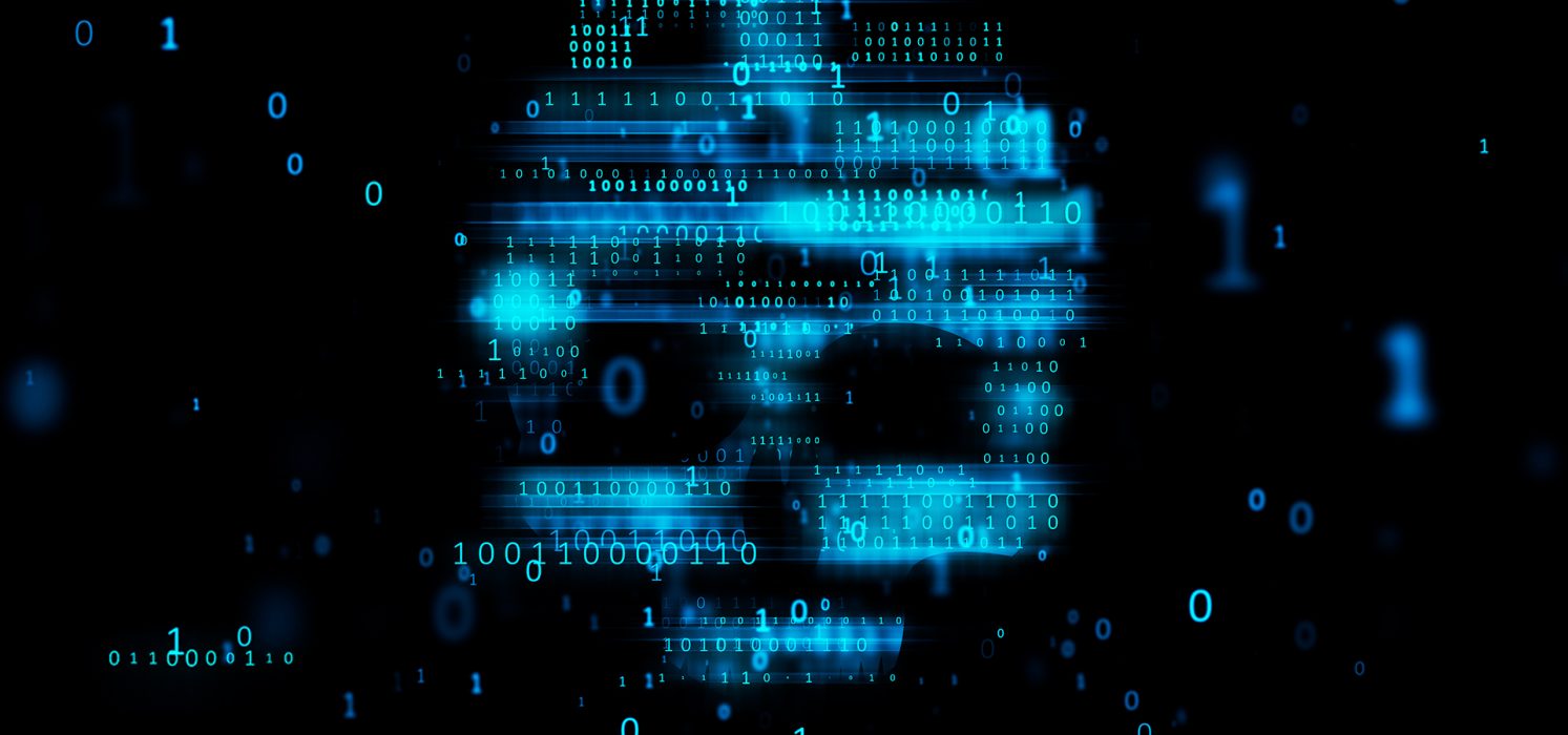 Pictorial representation of vishing campaigns in Microsoft Teams. A digital image of a skull formed by blue binary code on a black background, with scattered ones and zeros and digital noise, symbolizes how stealthy prompt injection attacks can exploit AI logic to bypass security controls.