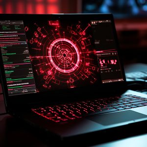 Pictorial representation of ChainDrop, a self-propagating npm worm. An artistic depiction of a digital workspace featuring an open laptop with a red virus on the screen.