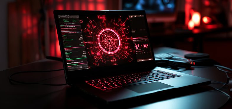 Pictorial representation of ChainDrop, a self-propagating npm worm. An artistic depiction of a digital workspace featuring an open laptop with a red virus on the screen.