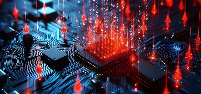 Pictorial representatiom pf Aeternum's blockchain C2. A close-up of a computer circuit board with a central microchip is depicted. Red digital data streams in the form of glowing binary numbers and arrows appear to flow in and out of the chip. The scene is illuminated with a futuristic blue and red glow.