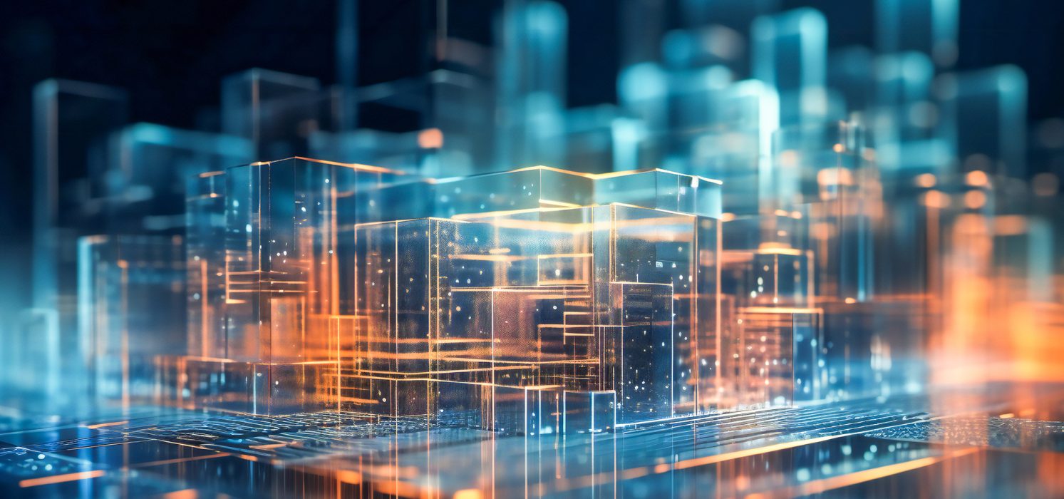 Pictorial representation of malware bypassing DNS and communicating directly to IP addresses. Futuristic digital cityscape with glowing blue and orange geometric structures, resembling skyscrapers.