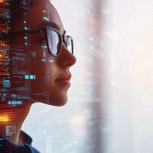 Pictorial representation of a woman in glasses gazing to the side overlaid with glowing digital code and data streams.