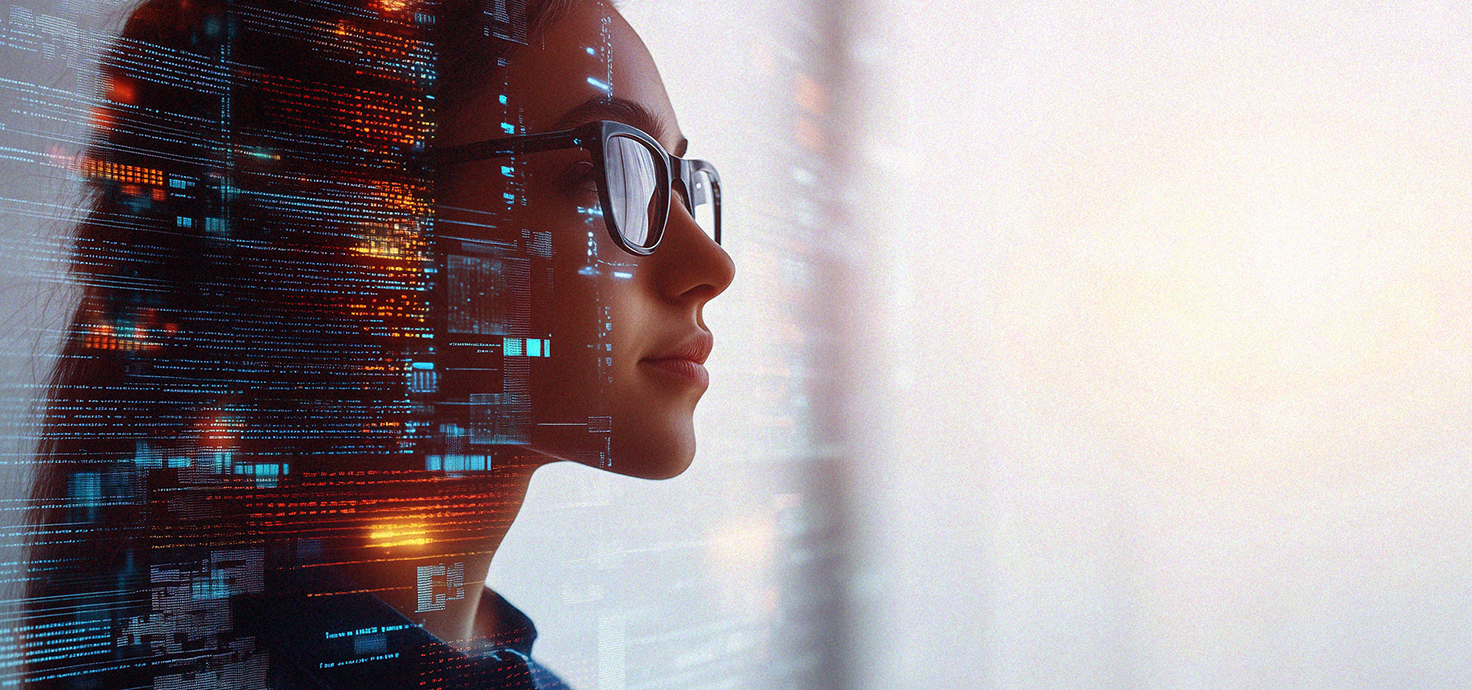 Pictorial representation of a woman in glasses gazing to the side overlaid with glowing digital code and data streams.
