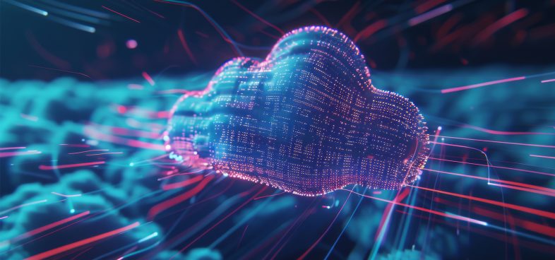 Pictorial representation of how AWS neutralizes compromised IAM credentials. Digital illustration of a glowing cloud composed of binary code, surrounded by dynamic red and blue light streaks, symbolizing cloud computing technology.