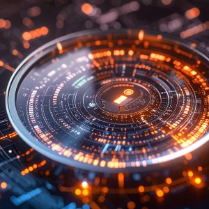 Pictorial representation of a magnifying glass illuminating a glowing orange circular digital circuit interface on a dark, high-tech background.